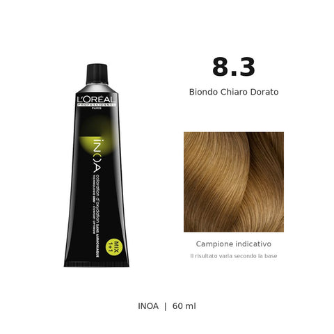 L’Oréal Professionnel INOA 8.3 60 ml, tubo originale e campione colore indicativo su fondo bianco