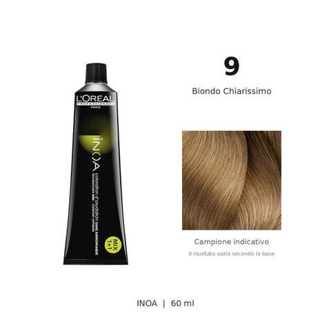 L’Oréal Professionnel INOA 9 60 ml, tubo originale e campione colore indicativo su fondo bianco