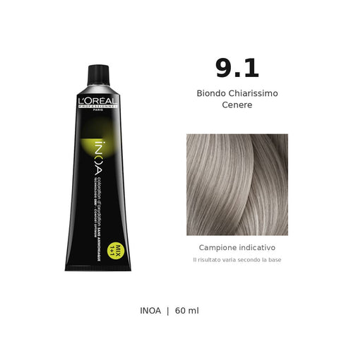 L’Oréal Professionnel INOA 9.1 60 ml, tubo originale e campione colore indicativo su fondo bianco
