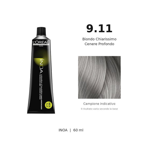 L’Oréal Professionnel INOA 9.11 60 ml, tubo originale e campione colore indicativo su fondo bianco