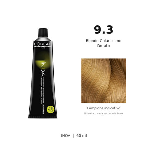 L’Oréal Professionnel INOA 9.3 60 ml, tubo originale e campione colore indicativo su fondo bianco