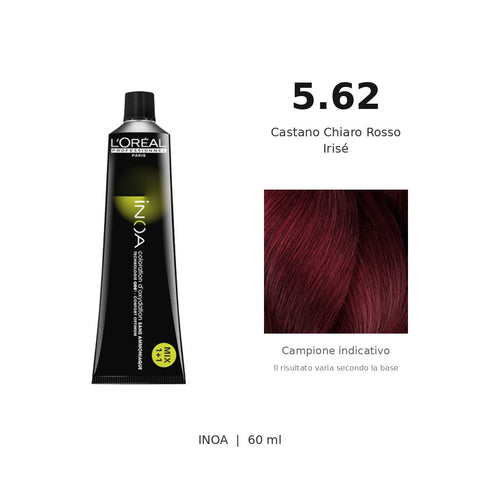 L’Oréal Professionnel INOA 5.62 60 ml, tubo originale e campione colore indicativo su fondo bianco