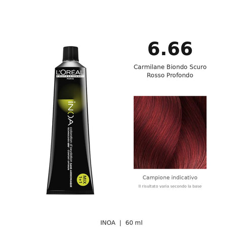 L’Oréal Professionnel INOA 6.66 60 ml, tubo originale e campione colore indicativo su fondo bianco
