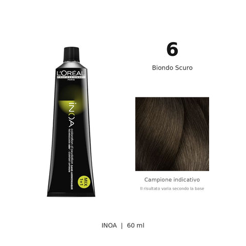 L’Oréal Professionnel INOA 6 60 ml, tubo originale e campione colore indicativo su fondo bianco