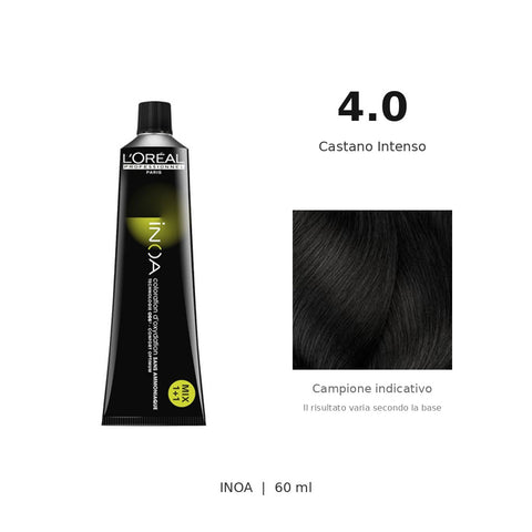 L’Oréal Professionnel INOA 4.0 60 ml, tubo originale e campione colore indicativo su fondo bianco