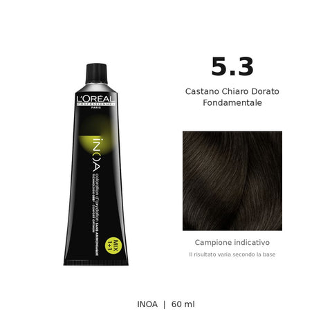 L’Oréal Professionnel INOA 5.3 60 ml, tubo originale e campione colore indicativo su fondo bianco