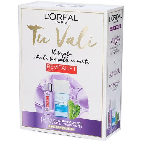 Cofanetto L'Oréal Paris Revitalift Filler con siero acido ialuronico 30 ml, struccante occhi 125 ml e pietra Gua Sha