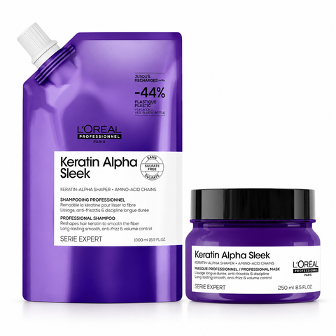 L’Oréal Professionnel Keratin Alpha Sleek Kit Shampoo Ricarica 1000 ml + Maschera 250 ml