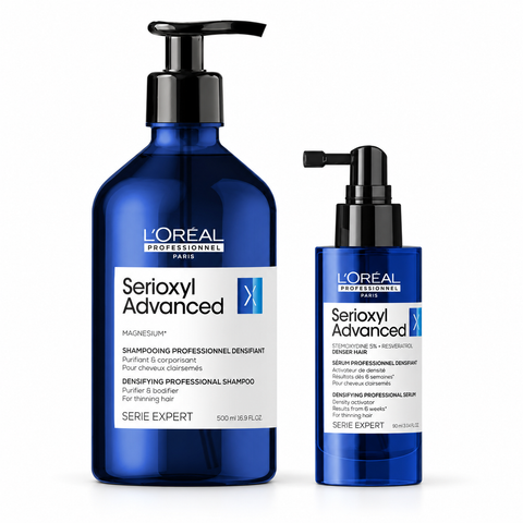 Kit L'Oréal Professionnel Serioxyl Advanced: shampoo 500 ml con dosatore e siero Denser Hair 90 ml su fondo bianco