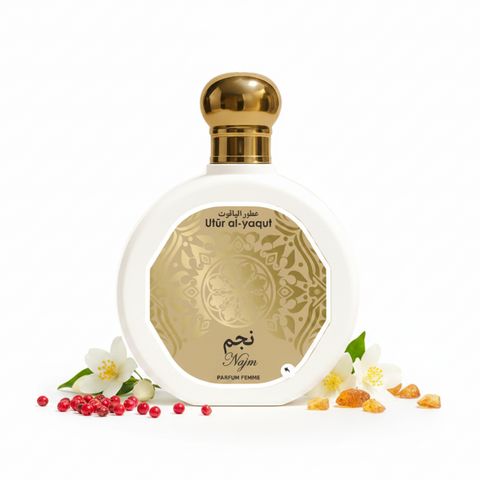 Saphir Utur Al-Yaqut Najm Eau de Parfum Donna 100 ml, flacone su sfondo bianco