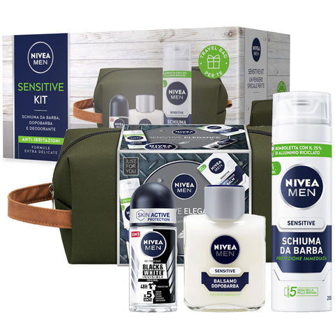 Cofanetto Nivea Men Sensitive con schiuma da barba, balsamo dopobarba, deodorante roll-on e pochette
