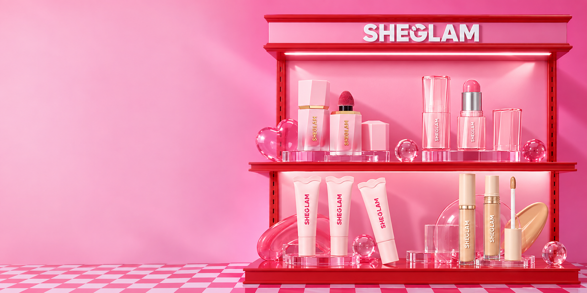 Prodotti SHEGLAM Color Bloom, Buttery Bliss, Crystal Glaze e Like Magic su un espositore rosso, con sfondo rosa.