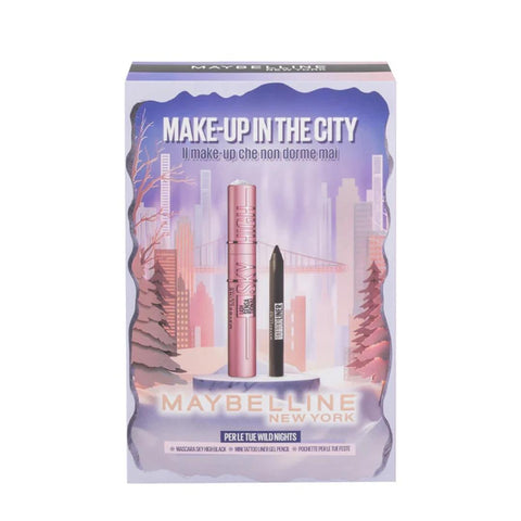 Maybelline cofanetto Make Up In The City con mascara Sky High, mini matita Tattoo Liner nera e pochette