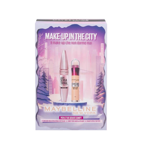 Maybelline cofanetto Make Up In The City con mascara Ciglia Sensazionali, correttore Il Cancella Età 01 Light e pochette